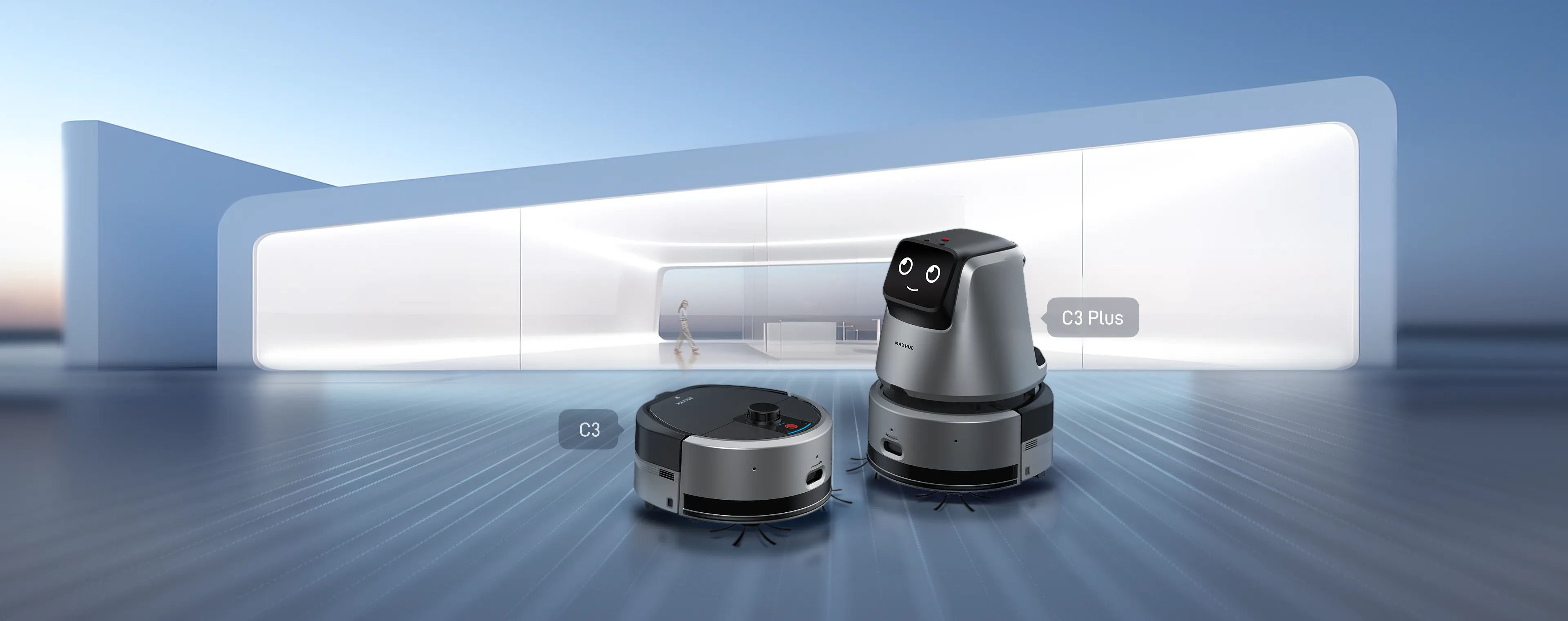 C3 og C3 Plus rengjøringsroboter i et stort innendørsareal.