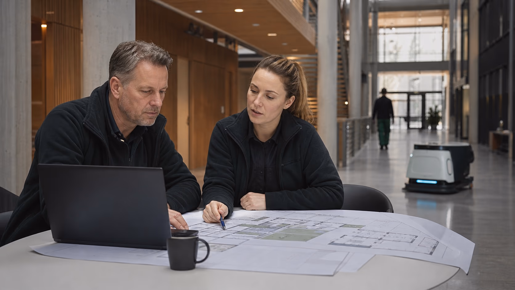 To driftsansvarlige vurderer plantegninger og byggportefølje mens en rengjøringsrobot arbeider i bakgrunnen.