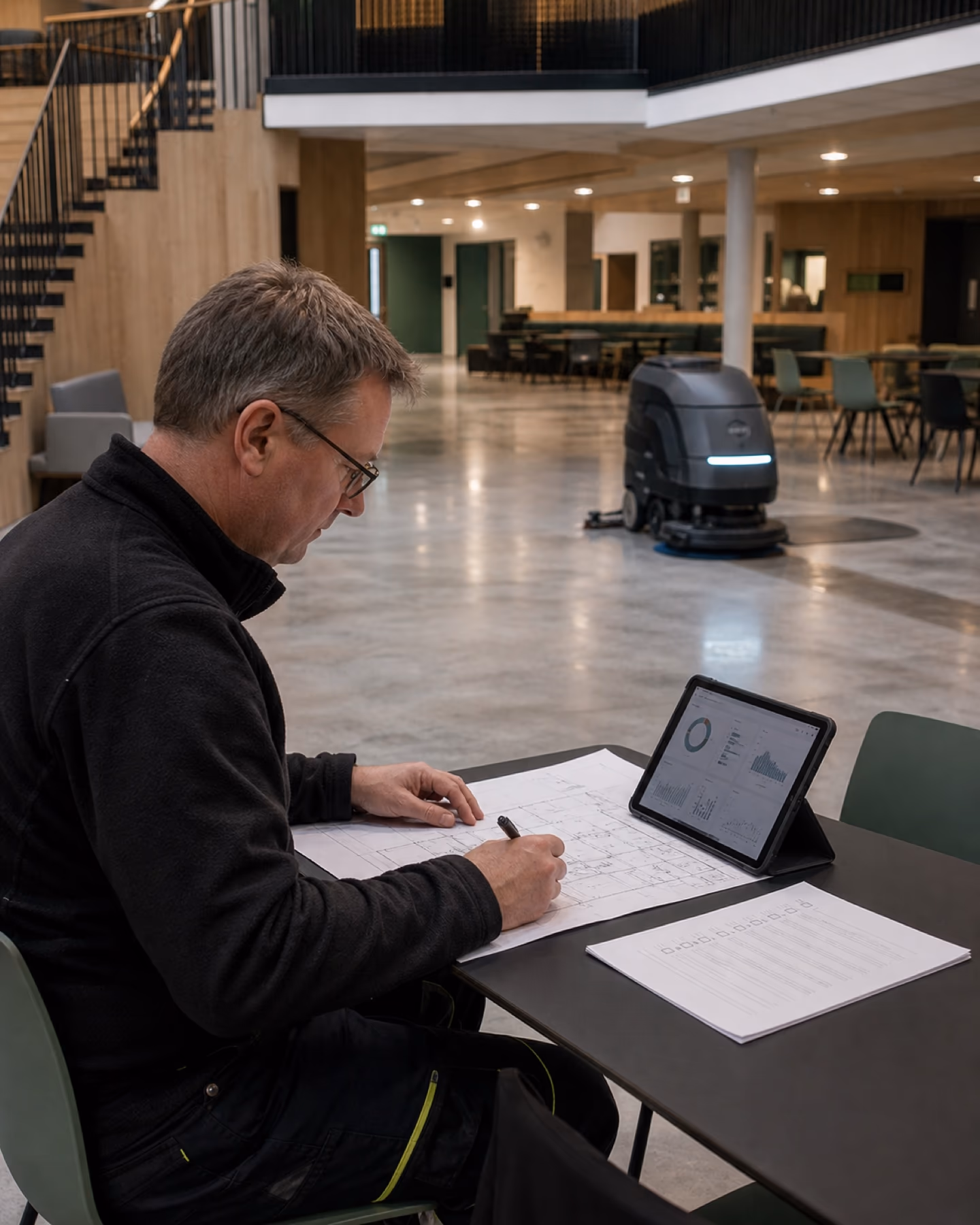 En renholdsleder dokumenterer resultater fra en pilot mens en autonom gulvvasker arbeider i et avgrenset område.