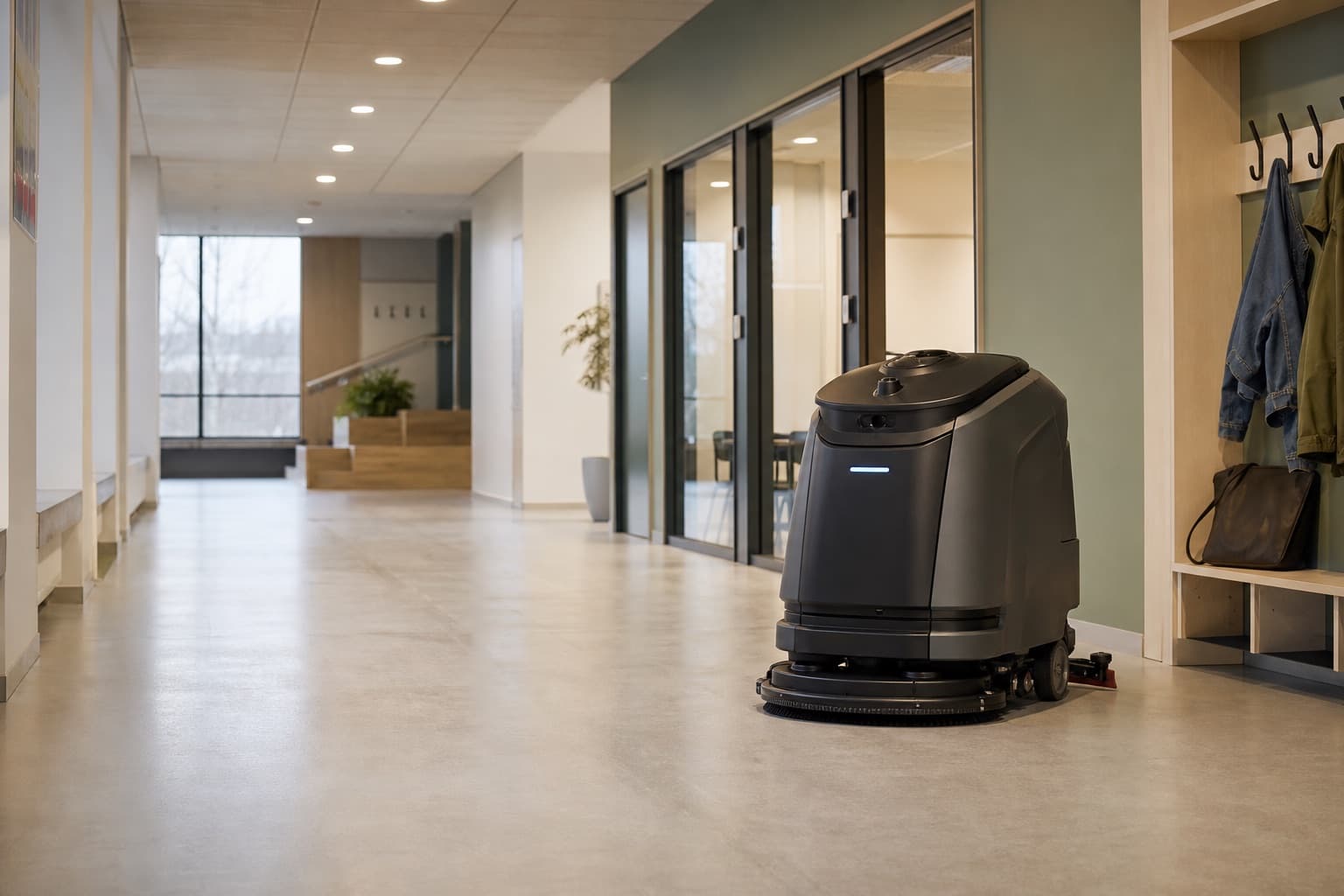 En profesjonell rengjøringsrobot arbeider i en norsk skolekorridor.