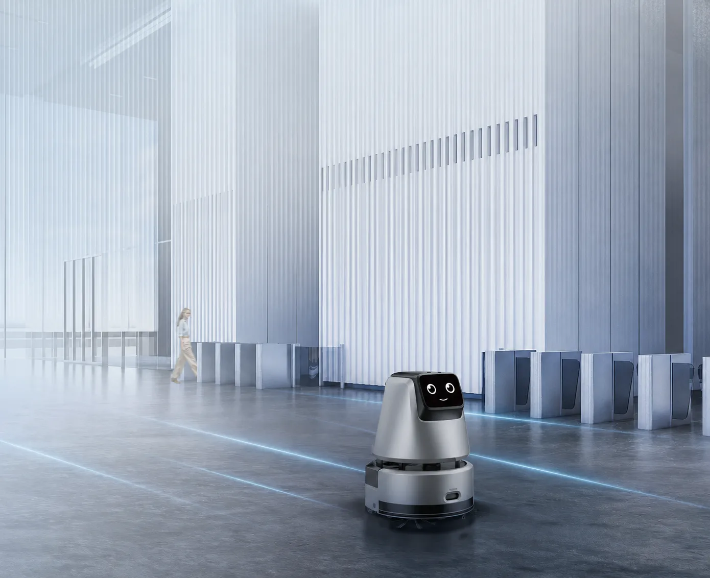 An autonomous floor-cleaning machine operating in a professional indoor environment.