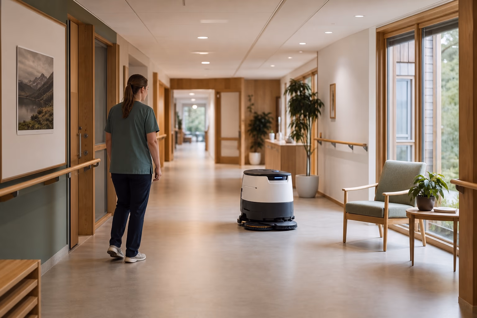 Illustrasjon av en ansatt og en rengjøringsrobot i en lys korridor i et helsebygg.